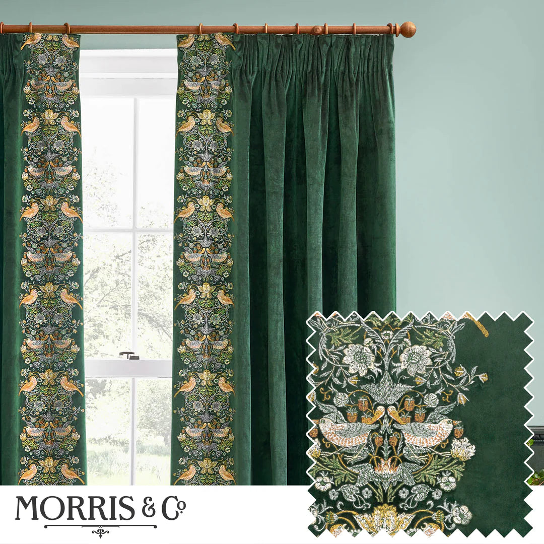Strawberry Thief Embroidered Floral Velvet Pencil Pleat Curtains - Forest Green