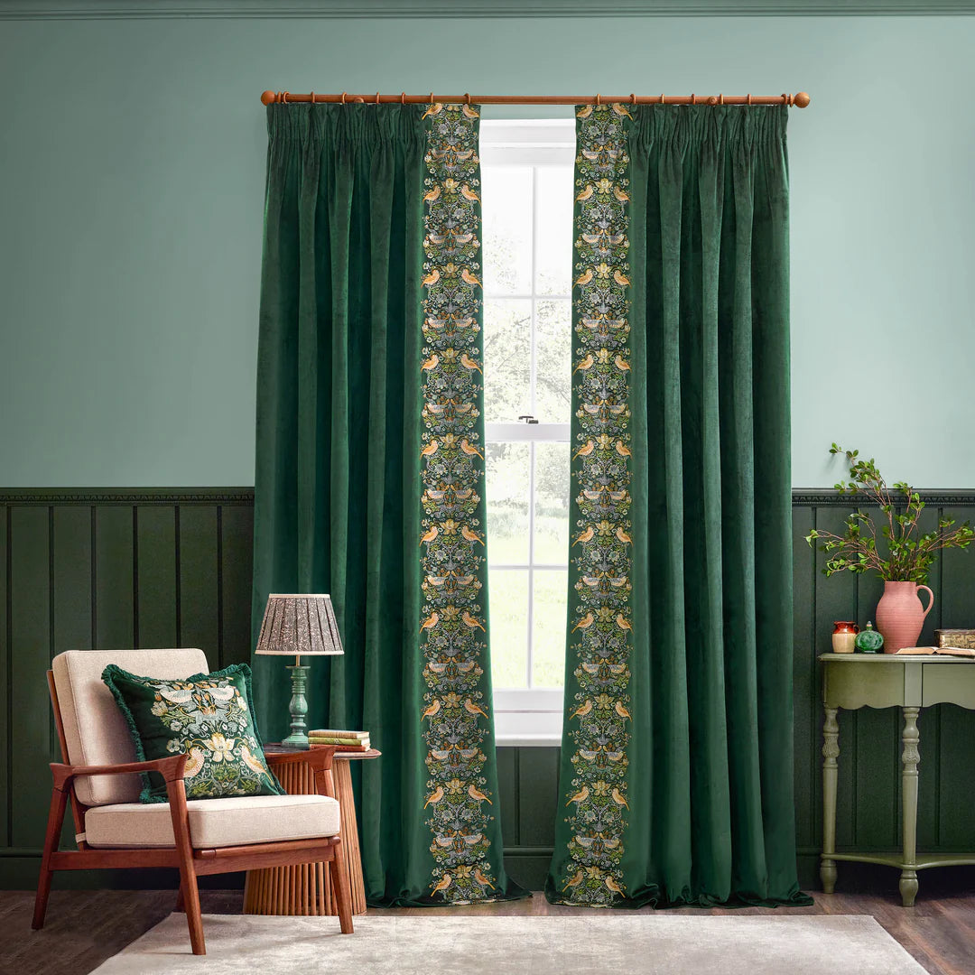 Strawberry Thief Embroidered Floral Velvet Pencil Pleat Curtains - Forest Green