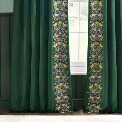 Strawberry Thief Embroidered Floral Velvet Pencil Pleat Curtains - Forest Green