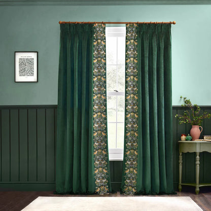 Strawberry Thief Embroidered Floral Velvet Pencil Pleat Curtains - Forest Green