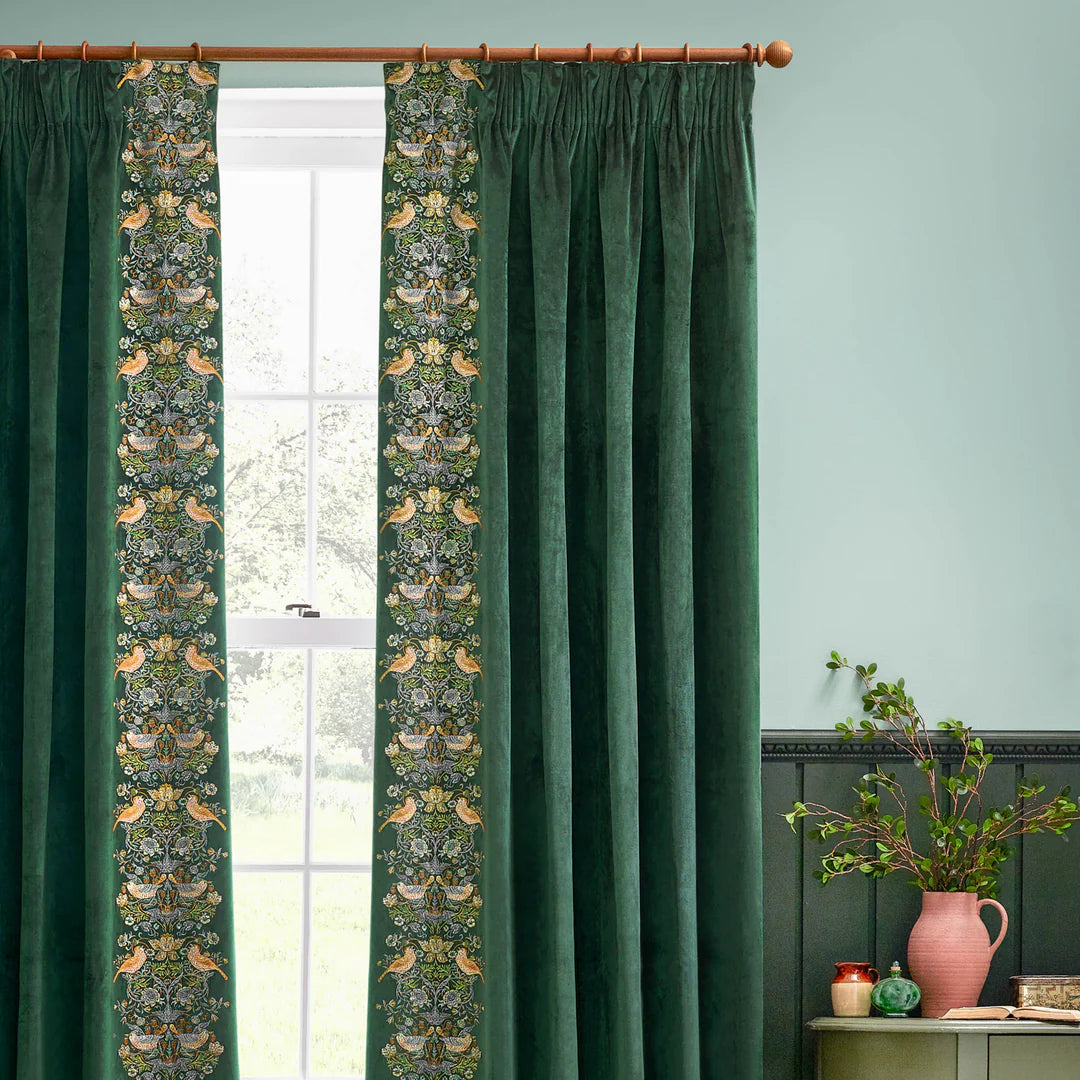Strawberry Thief Embroidered Floral Velvet Pencil Pleat Curtains - Forest Green