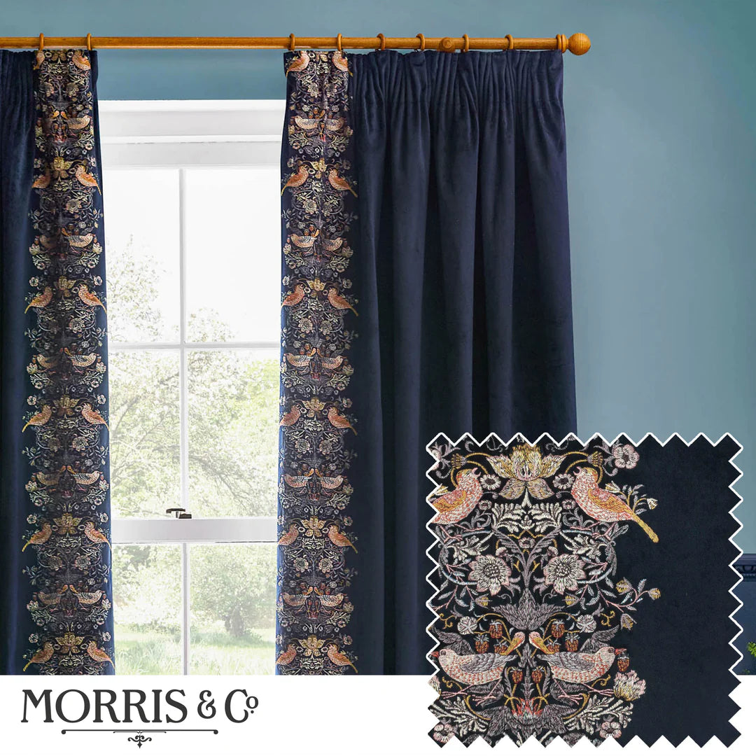 Strawberry Thief Embroidered Floral Velvet Pencil Pleat Curtains - Indigo