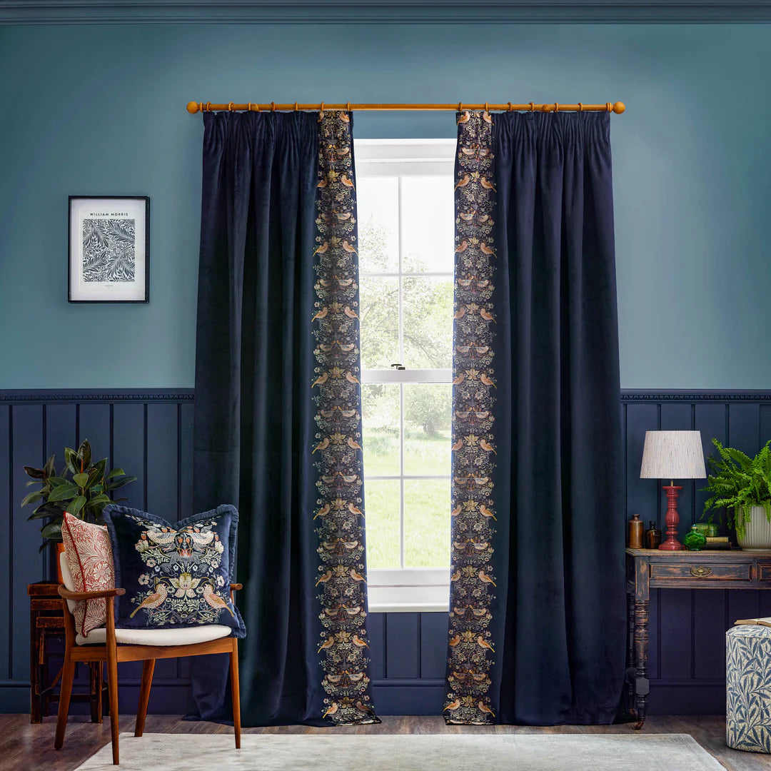 Strawberry Thief Embroidered Floral Velvet Pencil Pleat Curtains - Indigo