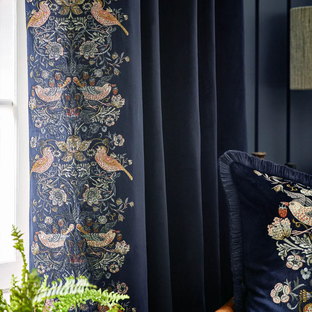 Strawberry Thief Embroidered Floral Velvet Pencil Pleat Curtains - Indigo