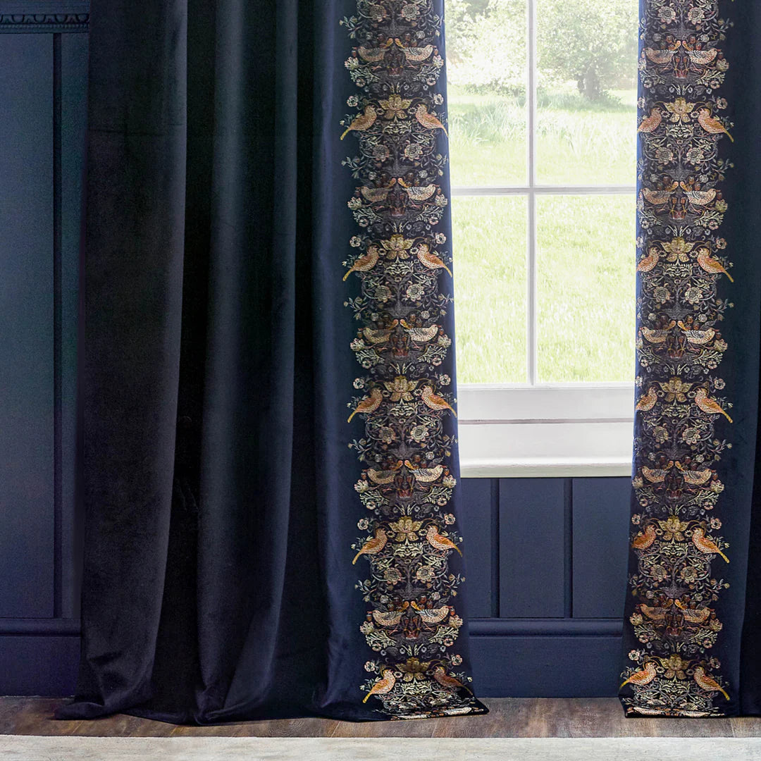 Strawberry Thief Embroidered Floral Velvet Pencil Pleat Curtains - Indigo