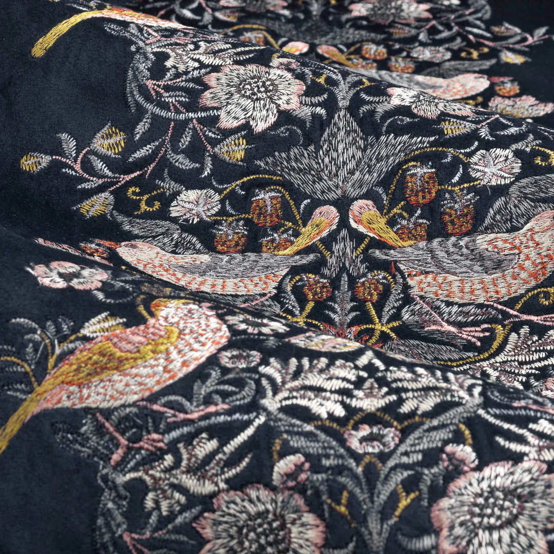 Strawberry Thief Embroidered Floral Velvet Pencil Pleat Curtains - Indigo