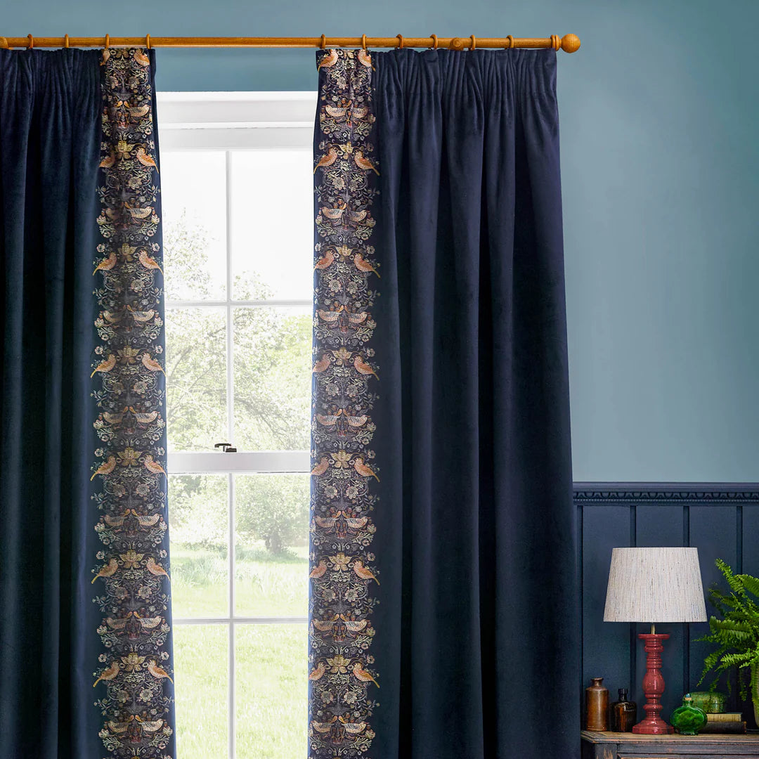 Strawberry Thief Embroidered Floral Velvet Pencil Pleat Curtains - Indigo