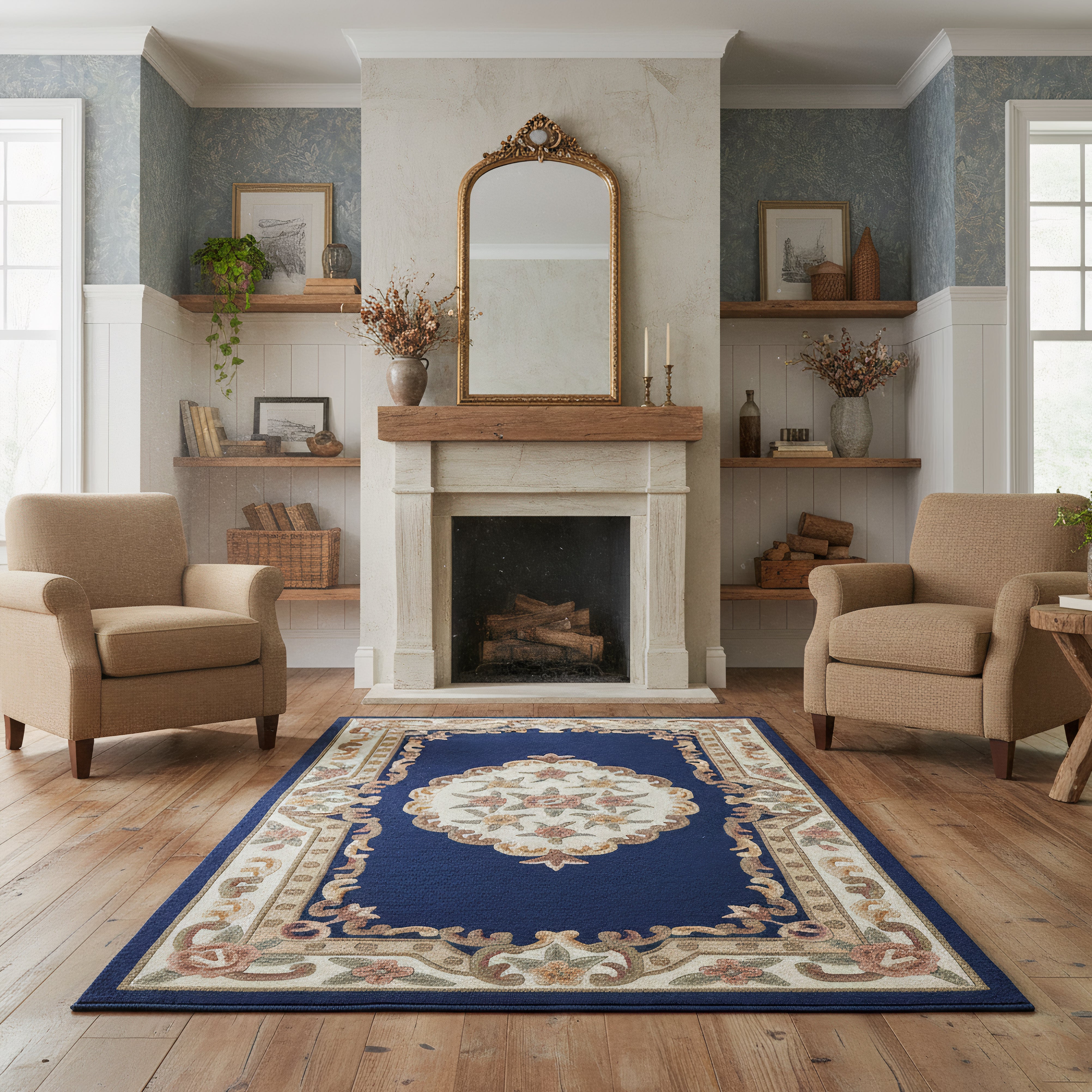 Motivo vintage - Tappeto in lana beige imbottito