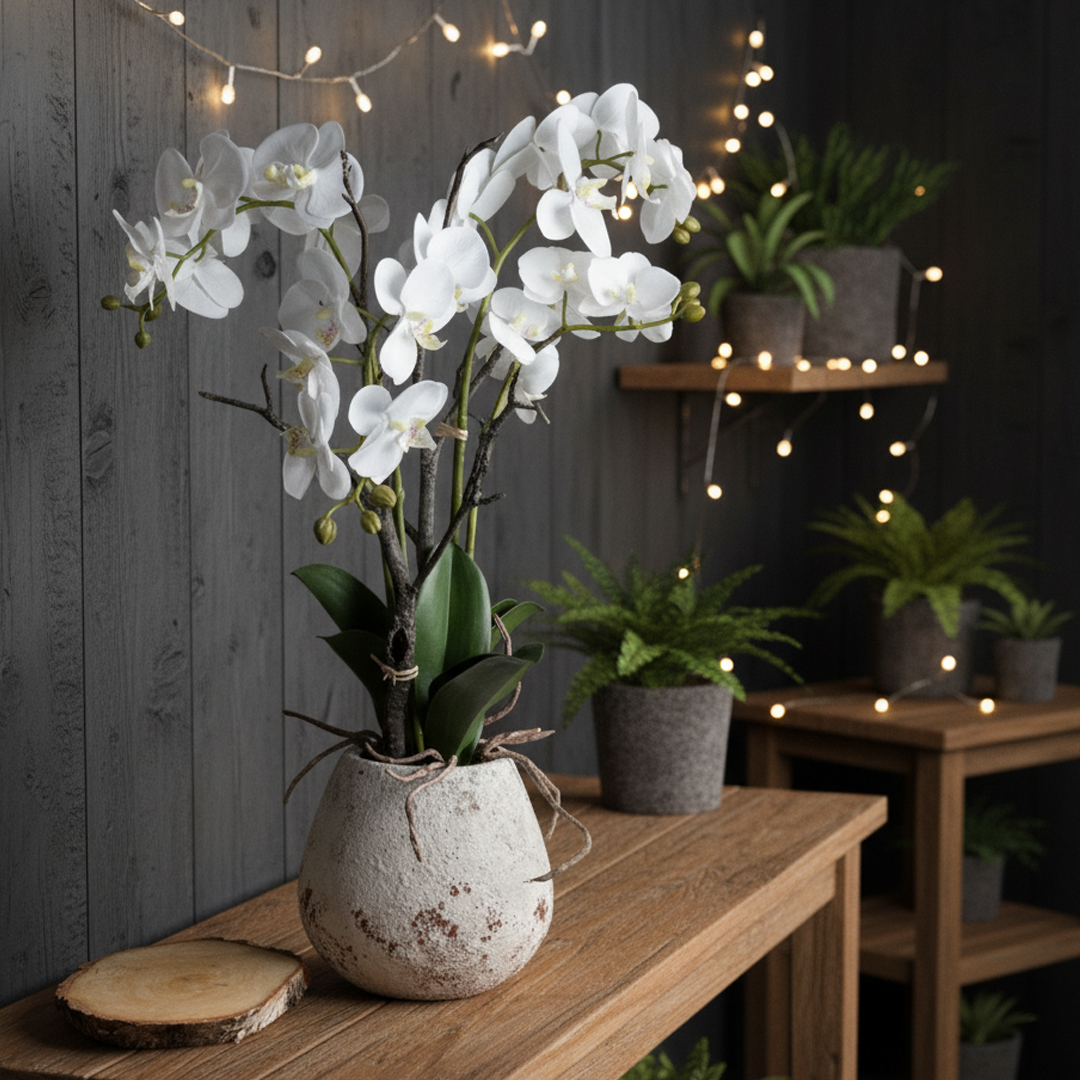 Faux White Orchid Arrangement With Stone Pot