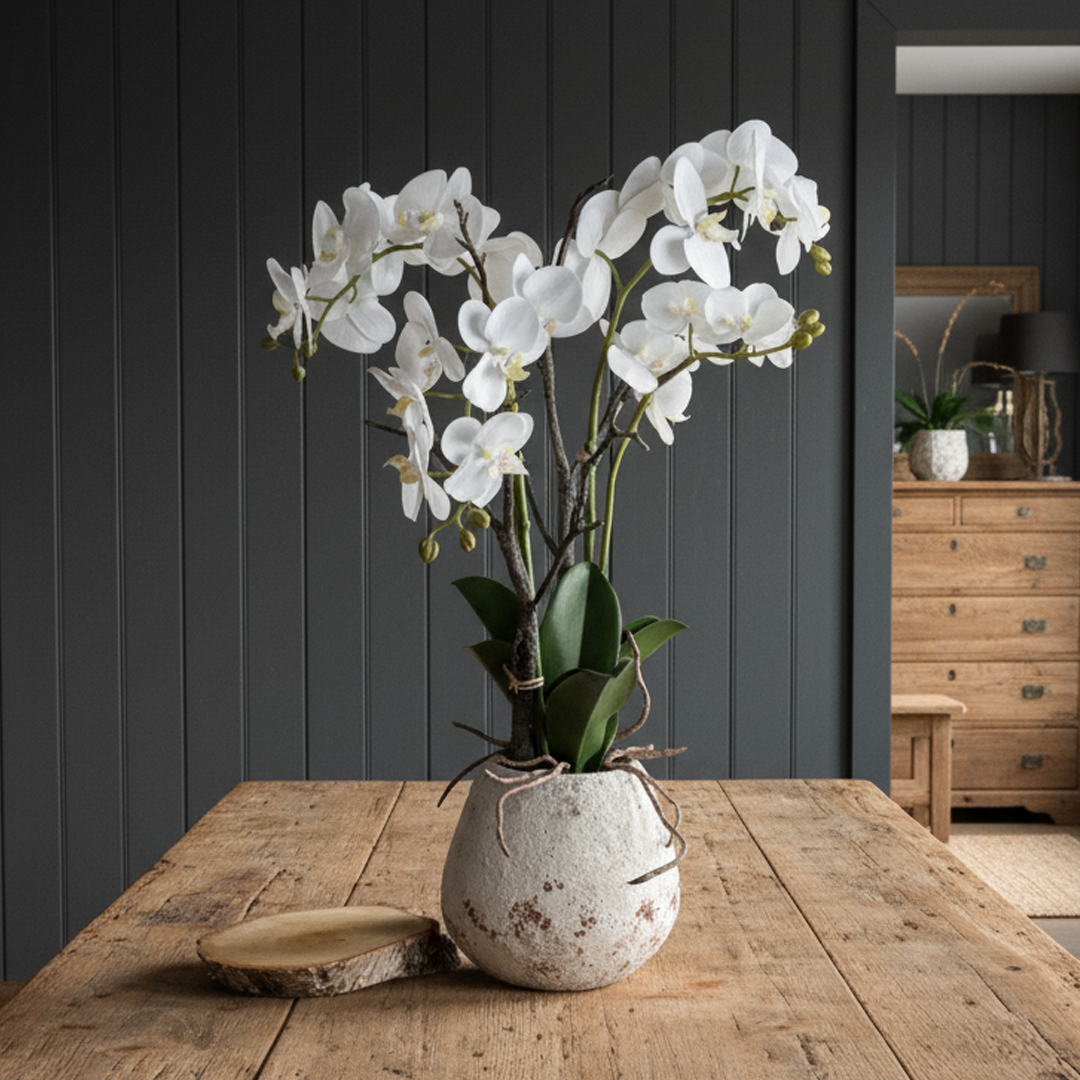 Faux White Orchid Arrangement With Stone Pot