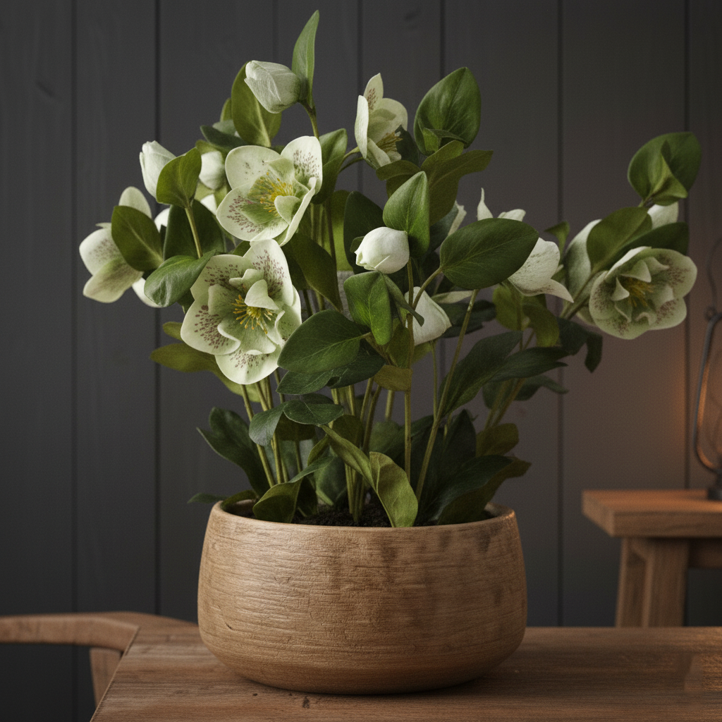 Faux Green Hellebore Plant In Taupe Pot