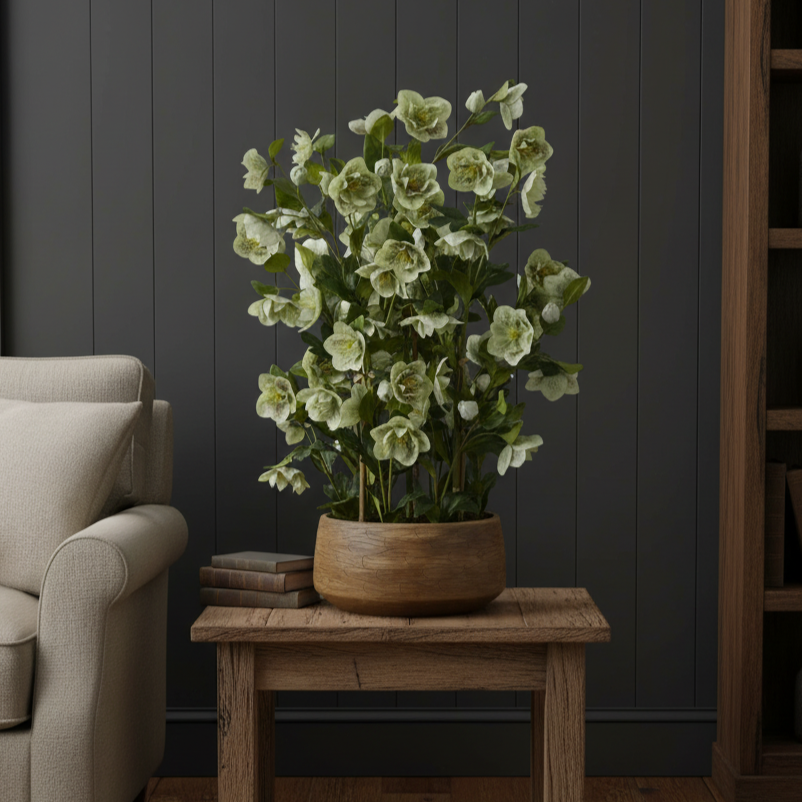 Faux Large Green Hellebore in Taupe Pot