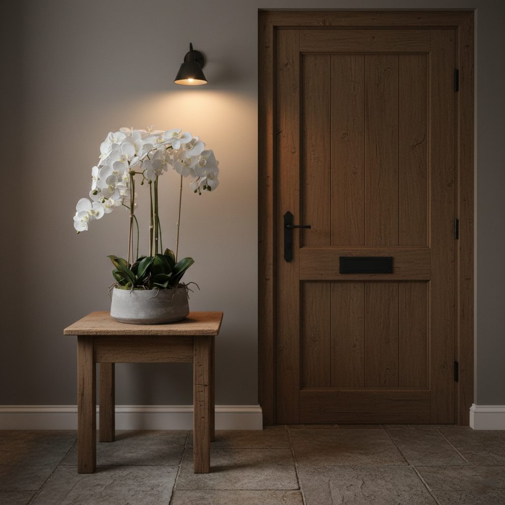 Faux Large White Orchid In Stone Pot