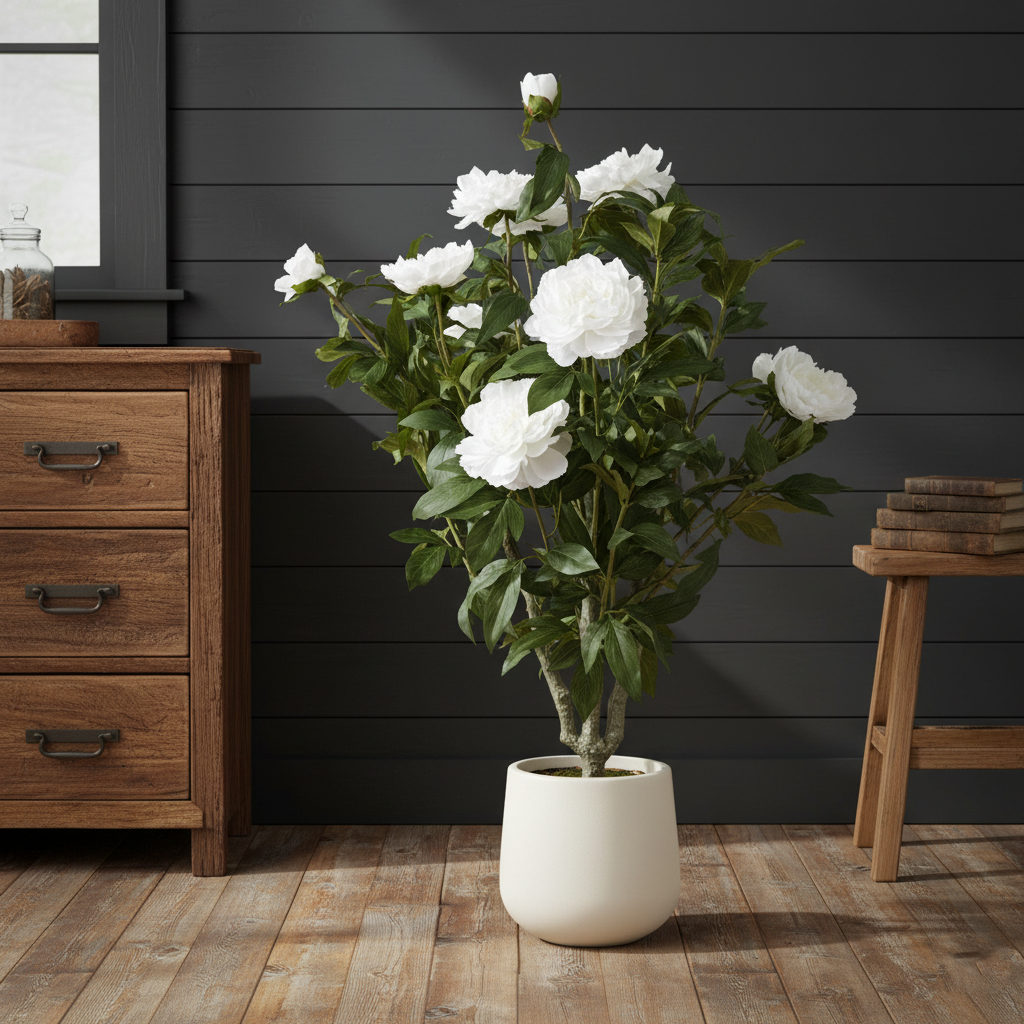 Faux Extra Large White Peony Bush In Pot